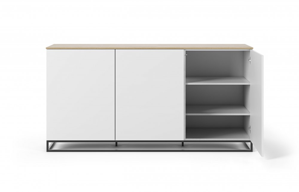 Buffet WHITY blanc mat 180cm 3 portes Plateau chêne clair et pied métallique noir